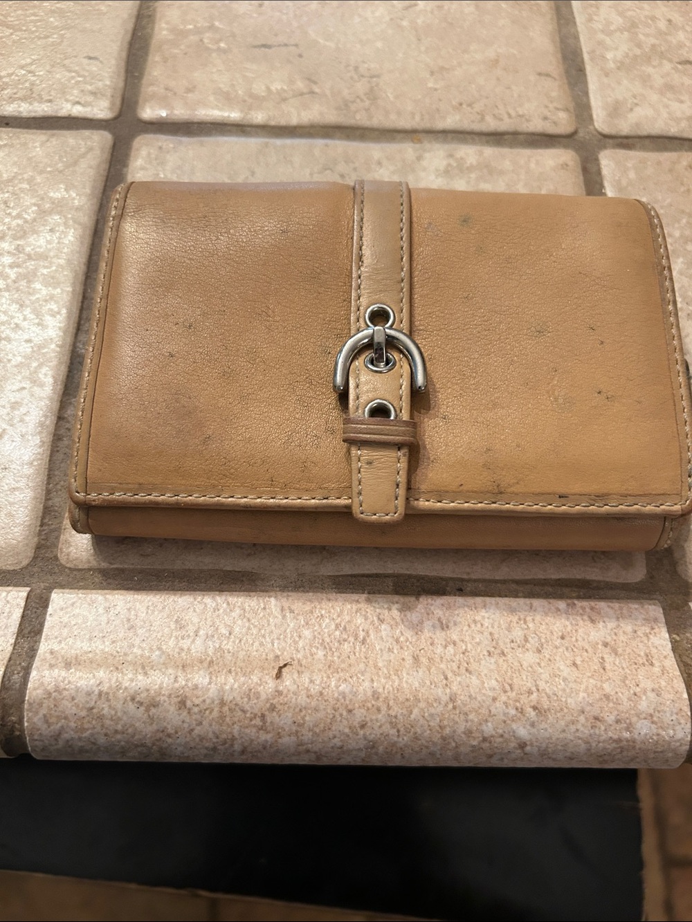 Coach Tan Leather Wristlet Clutch with Silver Buckle Accent
